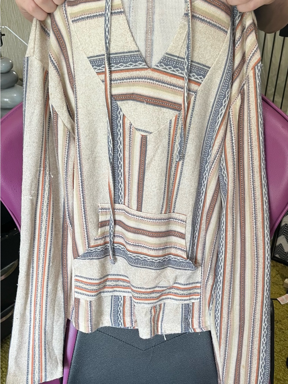 Wallflower Beige Hooded Striped Poncho Sweater with Rust and Gray Accents
